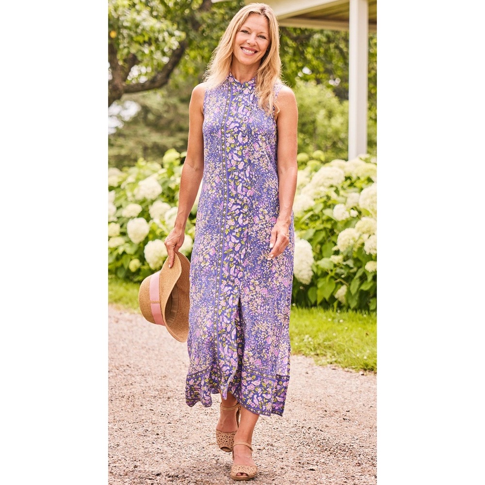 APRIL CORNELL Penelope Midi Dress Purple Floral Bird Print Sleeveless Women's M